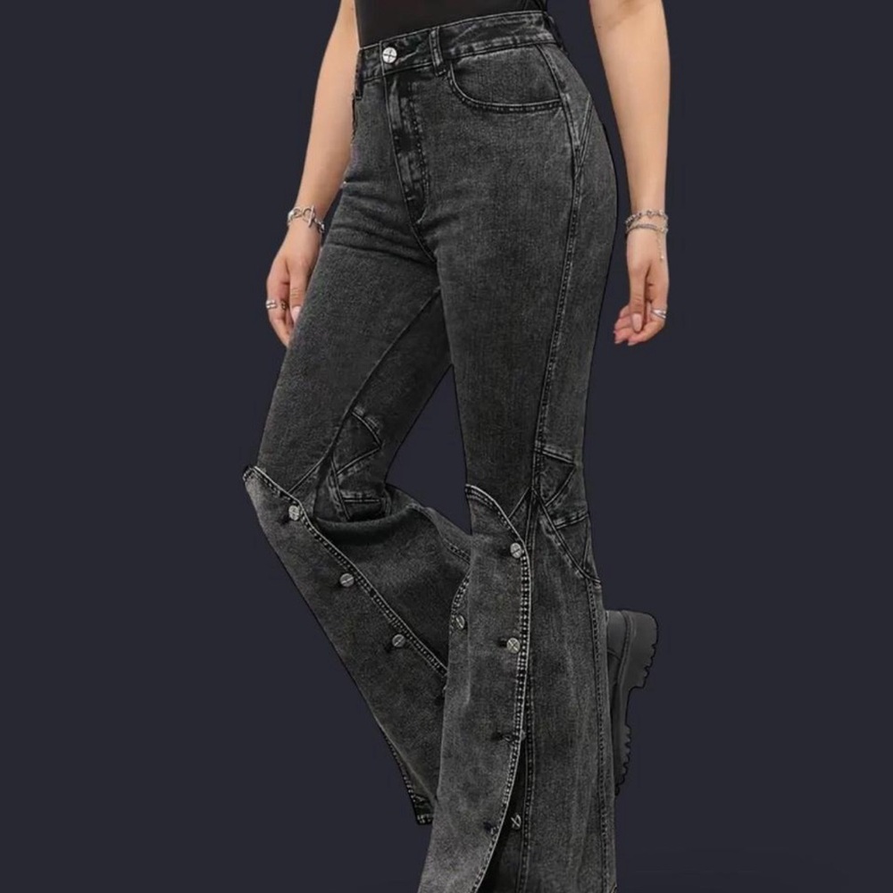 COPY - COPY - Women's Black Acid Washed attached Knee Pad detail Flare Jeans